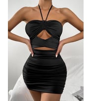 Siyah Çapraz Boyun Askılı Halter Hollow Fold Mini Elbise