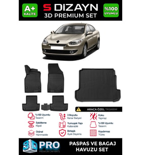S-Dizayn Renault Fluence 3D Pro Havuzlu Paspas ve Bagaj Havuzu Seti (2'li SET) 2010-2016 A+ Kalite