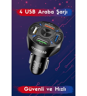 Oto 4 Usb Qualcomm Quick Qc 3.0 7a Hızlı Araç Şarj Aleti Cihazı - Siyah