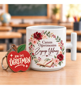 Kişiye Özel İsimli Çiçekli Seramik Latte Kupası ve Ahşap Anahtarlık Hediye Seti - Canım Öğretmenim (250 ml)