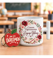 Kişiye Özel İsimli Çiçekli Seramik Latte Kupası ve Ahşap Anahtarlık Hediye Seti - Canım Öğretmenim (250 ml)