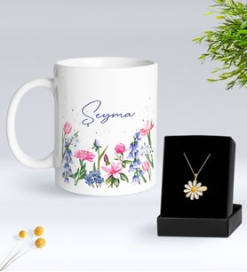 BK Gift Kişiye Özel İsimli Çiçek Tasarımlı Beyaz Kupa ve Papatya Kolye Hediye Seti - 2, Sevgiliye Hediye, Anneye Hediye, Arkadaşa Hediye