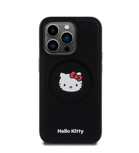 Apple iPhone 15 Pro Uyumlu Kılıf Hello Kitty Orjinal Lisanslı M-safe Şarj Özellikli Kitty Head Deri Kapak (Siyah)