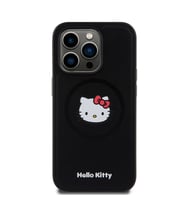 Apple iPhone 15 Pro Uyumlu Kılıf Hello Kitty Orjinal Lisanslı M-safe Şarj Özellikli Kitty Head Deri Kapak (Siyah)