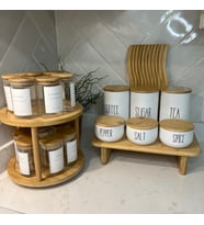 may home design 6'lı Bambu Kapaklı Ahşap Standlı Baharat Takımı/ 12'li Bambu Kapaklı Döner Standlı Baharat Takımı