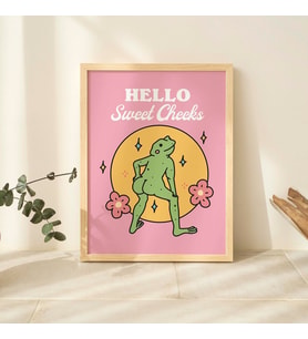 ÇERÇEVELİ Pembe Merhaba Tatlı Yanaklar Kurbağa Baskısı, Retro Y2K İllüstrasyonu, Kız Çocukları İçin Çerçeveli Banyo Posterleri, Çerçeveli Duvar Dekoru