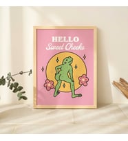 ÇERÇEVELİ Pembe Merhaba Tatlı Yanaklar Kurbağa Baskısı, Retro Y2K İllüstrasyonu, Kız Çocukları İçin Çerçeveli Banyo Posterleri, Çerçeveli Duvar Dekoru