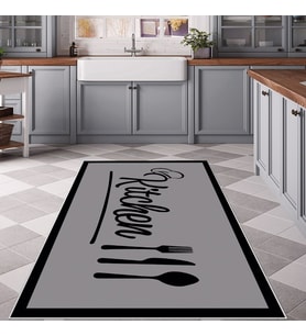 Gri Kitchen Yazılı Yıkanabilir Kaymaz Taban Leke Tutmaz Modern Salon Halısı ve Yolluk (Siyah)