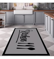 Gri Kitchen Yazılı Yıkanabilir Kaymaz Taban Leke Tutmaz Modern Salon Halısı ve Yolluk (Siyah)
