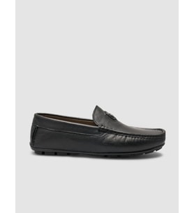 %100 Hakiki Deri Siyah Logo Detaylı Erkek Loafer Ayakkabı
