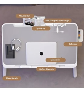 Monozone Yükseklık Ayarlı Fanlı Laptop Sehpası Notebook Standı Kitaplık Tutacağı+Lamba+Fırfır Hediye