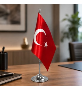 BK Gift Masaüstü Bayrak Direği Tekli Gümüş Bayrak Standı ve Bayrak - 33 cm Ofis Masa Bayrağı