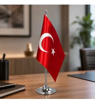 BK Gift Masaüstü Bayrak Direği Tekli Gümüş Bayrak Standı ve Bayrak - 33 cm Ofis Masa Bayrağı