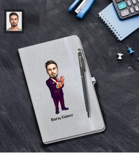 Kişiye Özel Kabadayı Karikatürlü Gri Defter Kalem Hediye Seti Bay-1