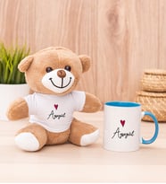 Kişiye Özel İsim Yazılı Minik Kalpli Peluş Ayı ve Mavi Kupa