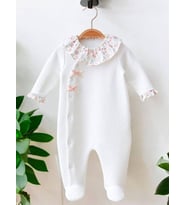 Kız Bebek Yakalı Patikli Çiçekli Tulum (Ekru)