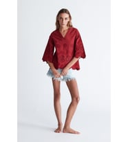 Peraluna HİROMİ BLOUSE %100 Pamuk V Yaka 3/4 Çan Kol Yazlık Kadın Bluz - Magenta