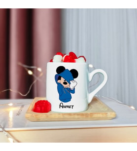 Mickey Mouse Tasarımlı Ahşap Tabaklı Kişiye Özel Türk Kahvesi Fincanı