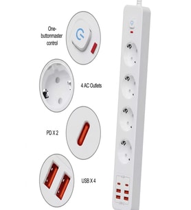 Termal Akım Korumalı 4'lü Priz 4x USB 2x Type-C Çıkışlı Grup Priz Çoğaltıcı (3500W) (Beyaz)