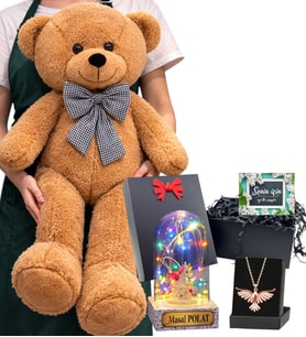 Büyük Boy Kahve Peluş Ayıcık, Kişiye Özel Renkli Işıklı Fanus ve Anka Kuşu Kolye Seti (Model 7)