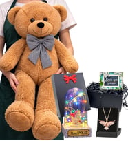 Büyük Boy Kahve Peluş Ayıcık, Kişiye Özel Renkli Işıklı Fanus ve Anka Kuşu Kolye Seti (Model 7)