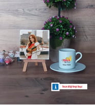 Müzik Öğretmeni Fotoğraflı Dekoratif Taş, Ahşap Altlıklı Türk Kahvesi Fincanı Hediye Öğretmenler Günü Hediyesi (Model 2)