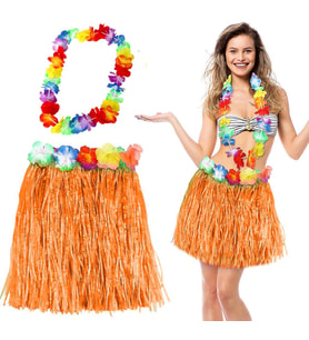 Hawaii Luau Aloha Turuncu Püsküllü 40 cm Etek ve Hawaii Kolye Seti