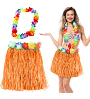 Hawaii Luau Aloha Turuncu Püsküllü 40 cm Etek ve Hawaii Kolye Seti