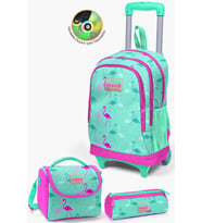 Coral High Kids Su Yeşili Neon Pembe Flamingo Desenli Çekçekli 3'lü Çanta Seti SET0123131
