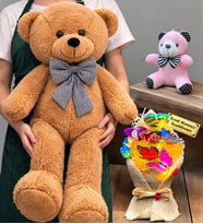 Kahve Büyük Peluş Ayıcık, Kişiye Özel Led Işıklı Buket ve Anahtarlık Seti (Model 5)
