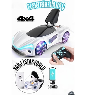 Sarj İstasyonlu Duman Atan Led Işıklı Sesli Müzikli Sarjlı 360° Dönen 4x4 Elektirikli Oyuncak Araba (Beyaz)