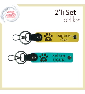 Pati Motifli Kalp Figürlü Deri Set, Kişiye Özel Yazılabilir Hediyelik Anahtarlık, Sarı-Koyu Turkuaz