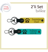 Pati Motifli Kalp Figürlü Deri Set, Kişiye Özel Yazılabilir Hediyelik Anahtarlık, Sarı-Koyu Turkuaz