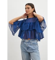 Lacivert Fırfırlı Tül Bluz
