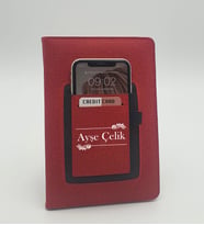 Kişiye Özel İsim Soyisim Baskılı Telefon Ve Kartlık Cepli Kırmızı Defter