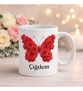 Kişiye Özel Kırmız Kelebek Kupa Bardak (Beyaz)