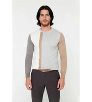 Erkek Basic Siluet Bisiklet Yaka Renk Bloklu Uzun Kollu Fitted Kalıp İntersia Triko Kazak Kaliteli