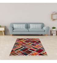 Kilim Desenli Renk Bloklu Etnik Dijital Baskı Yıkanabilir Kaymaz Taban Modern Salon Halı ve Yolluk (Çok Renkli)