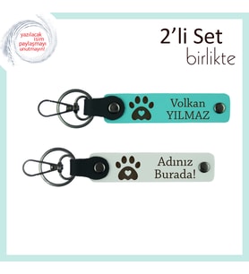 Kalpli Pati Motifli Deri Anahtarlık Seti, Kedi Sahipleri İçin Özel Hediye, Turkuaz-Beyaz