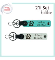 Kalpli Pati Motifli Deri Anahtarlık Seti, Kedi Sahipleri İçin Özel Hediye, Turkuaz-Beyaz