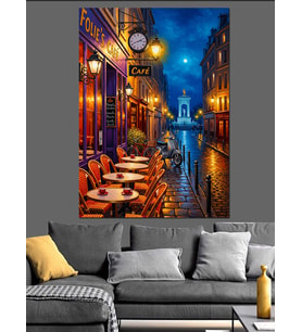 Neon Işıklı Şehir Sokağı Ve Cafe Dekoratif Kanvas - Mdf Ahşap Tablo