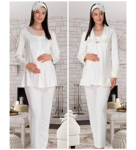 Mecit 5304 Ecru Peluş Detaylı  Sabahlıklı Lohusa Pijama Takımı (Ekru)