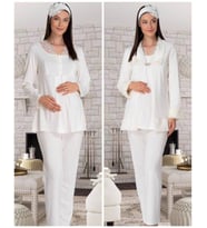 Mecit 5304 Ecru Peluş Detaylı  Sabahlıklı Lohusa Pijama Takımı (Ekru)