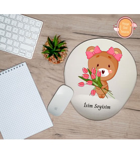 Kişiye Özel Çiçek Lale Buketi Tutan Sevimli Ayı Temalı Mouse Pad Bilek Destekli
