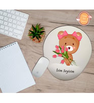 Kişiye Özel Çiçek Lale Buketi Tutan Sevimli Ayı Temalı Mouse Pad Bilek Destekli