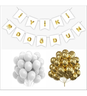 Beyaz Gold İyi Ki Doğdun Banner+Beyaz ve Gold Balon