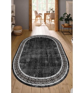 Dijital Baskılı Kaymaz Taban Yıkanabilir Oval Salon Halısı Mutfak Halısı Yolluk NDO-HT-238 (Siyah)