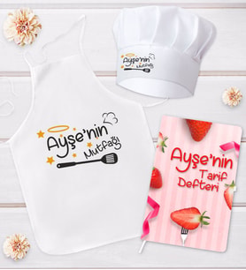 BK Gift Kişiye Özel Mutfak Önlüğü Aşçı Şapkası ve Tarif Defteri Hediye Seti Model 17