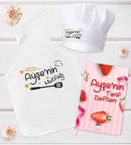BK Gift Kişiye Özel Mutfak Önlüğü Aşçı Şapkası ve Tarif Defteri Hediye Seti Model 17