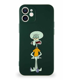 Apple iPhone 12 Soft Premier Kapak Squidward Dokunaç Tasarımlı Silikon Kılıf - Yeşil (Şeffaf)
